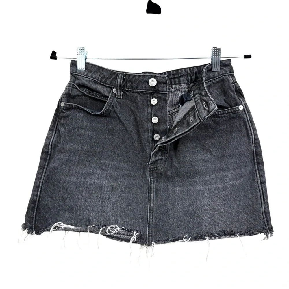 We The Free Women Denim Mini Skirt Raw Hem Adjustable Waist Button Fly Black 27*